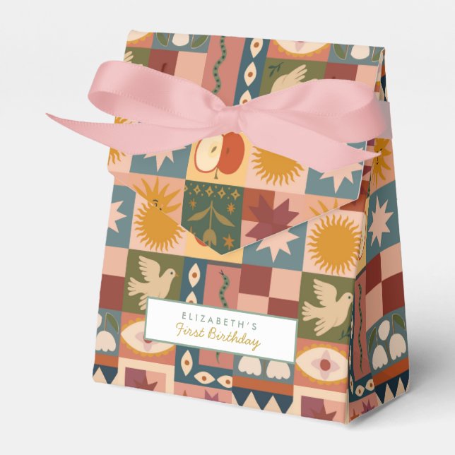 Cute Bohemian Celestial Patchwork Favor Boxes (Front Side)