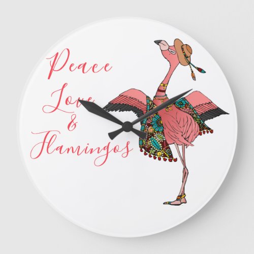 Cute Bohemian Flamingo Peace Love  Flamingos Large Clock