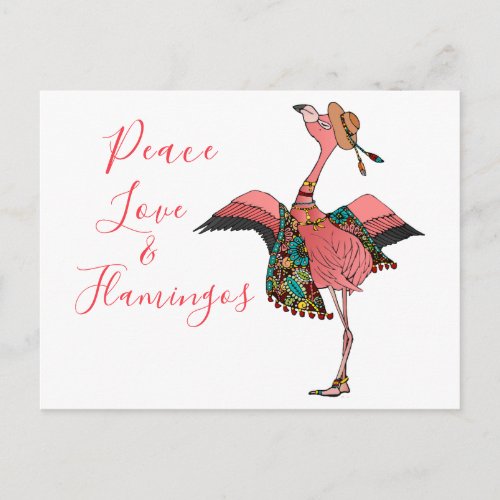 Cute Bohemian Peace Love and Flamingos Postcard