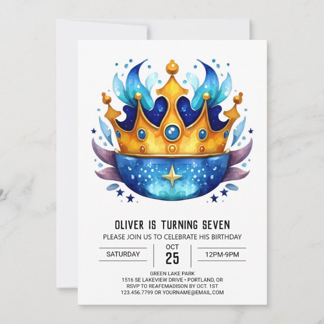 Cute Bohemian Prince Crown Birthday Invitation (Front)
