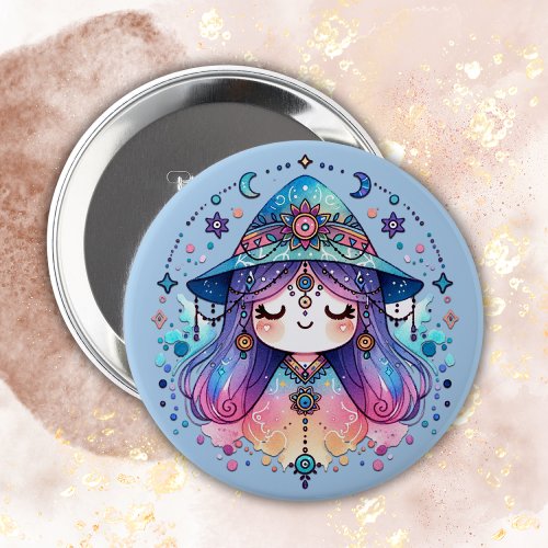 Cute Bohemian Queen with Blue Background  Button