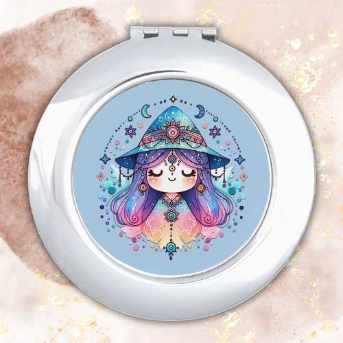 Cute Bohemian Queen with Blue Background  Compact Mirror