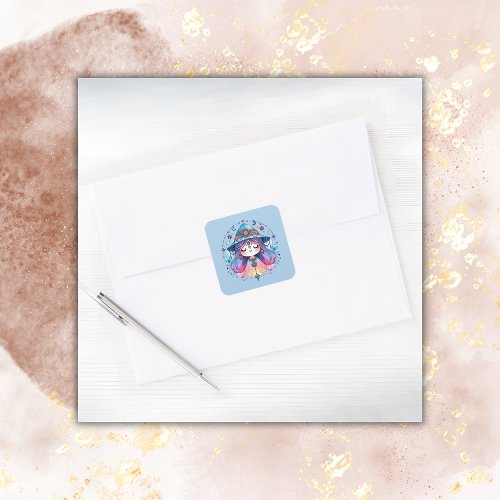 Cute Bohemian Queen with Blue Background  Square Sticker