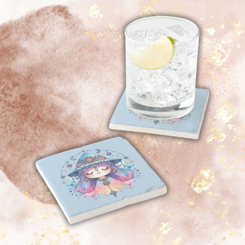 Cute Bohemian Queen with Blue Background  Stone Coaster