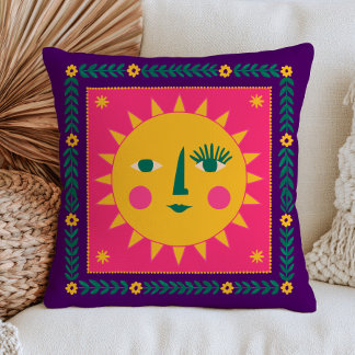 Cute Bohemian Sun Face Pink& Purple Celestial Throw Pillow