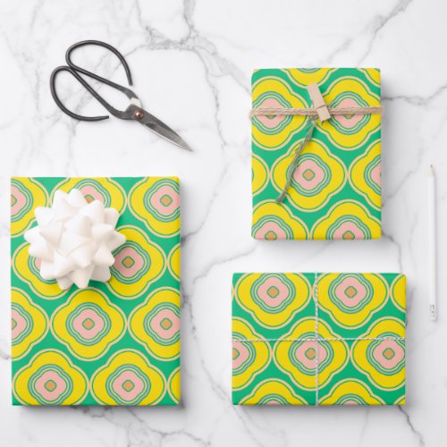 Cute Boho 70s Retro Shapes Pattern Green Yellow  Wrapping Paper Sheets