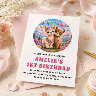 Cute Boho Alpaca 1st Birthday Invitation for Girls