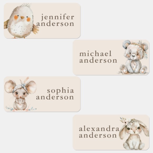 Cute Boho Animals Girl Kids Waterproof Name Labels (Group)