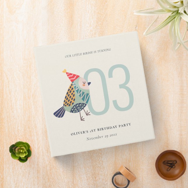 Cute Boho Aqua Blue Birdie Any Age Birthday 3 Ring Binder (In Situ)