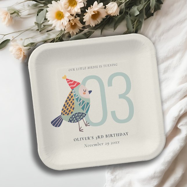Cute Boho Aqua Blue Birdie Any Age Birthday Paper Plates (Creator Uploaded)
