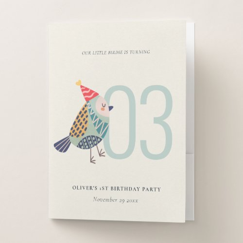 Cute Boho Aqua Blue Birdie Any Age Birthday Pocket Folder