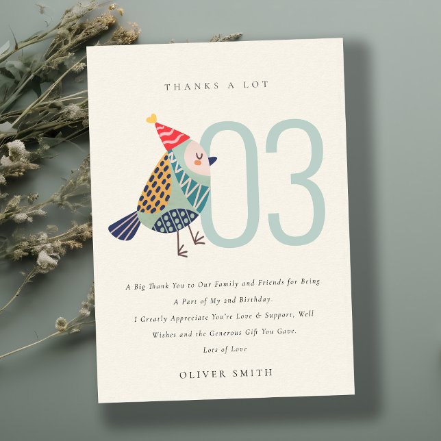 Cute Boho Aqua Blue Birdie Any Age Birthday Thank You Card (Creator Uploaded)