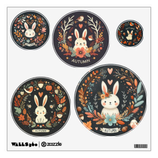 Cute Boho Autumn Bunnies wreath Wall Decal