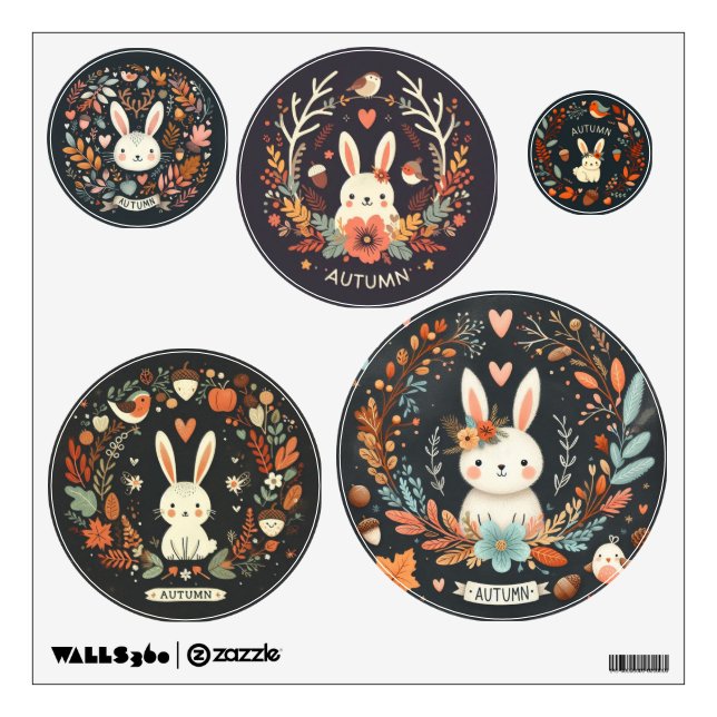 Cute Boho Autumn Bunnies wreath Wall Decal (Front)