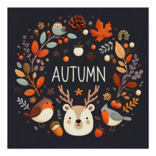 Cute Boho Autumn Deer wreath Wall Decal Poster