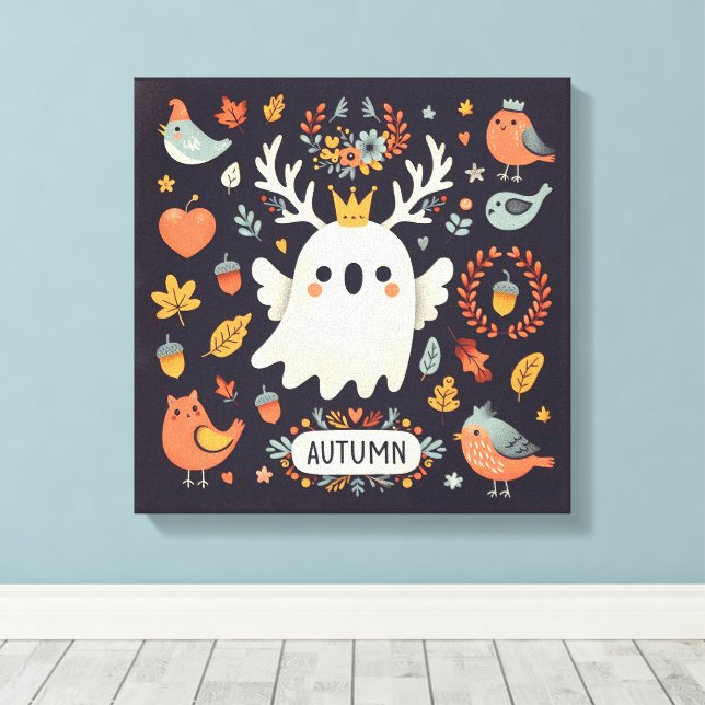 Cute Boho Autumn Ghost wreath Wall Decal Canvas Print (Insitu(Wood Floor))