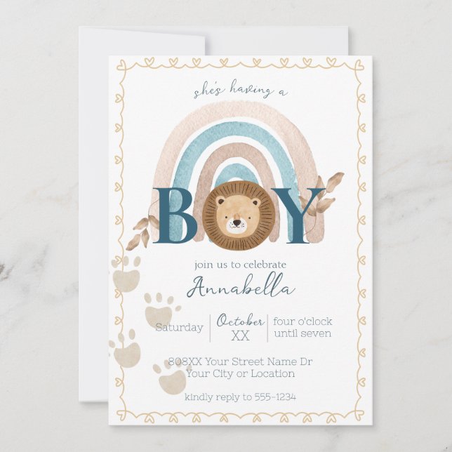 Cute Boho Baby Boy Lion Cub Pawprints Invitation (Front)