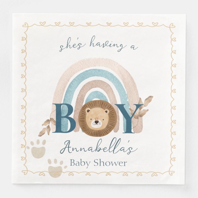 Cute Boho Baby Boy Lion Cub Pawprints Paper Dinner Napkins (Front)