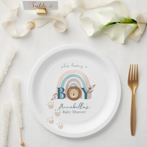 Cute Boho Baby Boy Lion Cub Pawprints Paper Plates