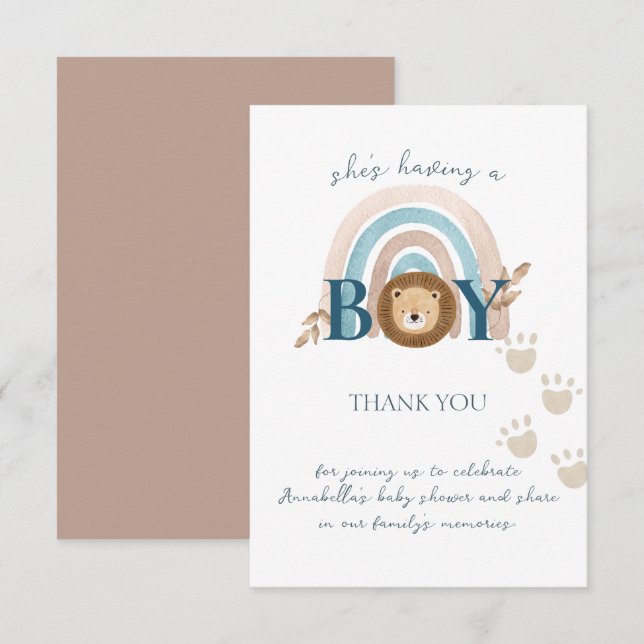 Cute Boho Baby Boy Lion Cub Pawprints Thank You Card (Front/Back)