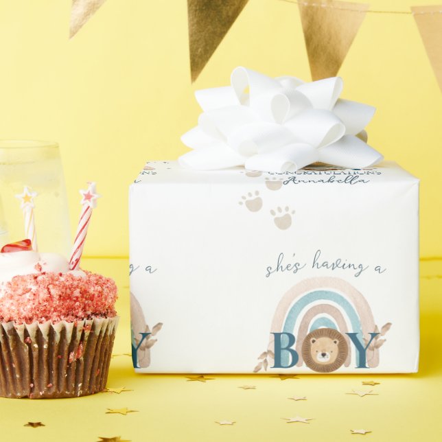 Cute Boho Baby Boy Lion Cub Pawprints Wrapping Paper (Birthday Party)
