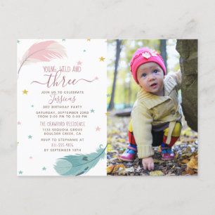 Cute Boho Baby Girl Photo Card 3rd Birthday Party