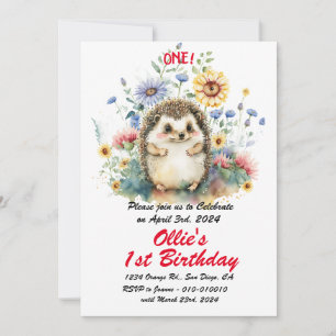 Cute Boho Baby Hedgehog 1st Birthday Party  Invitation