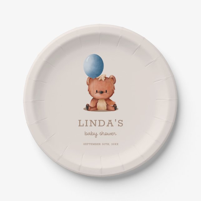 Cute Boho Bear Blue Balloon Baby Shower Paper Plates (Front)
