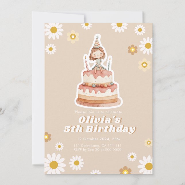 Cute Boho Beige Daisy Girl Birthday Invitation  (Front)