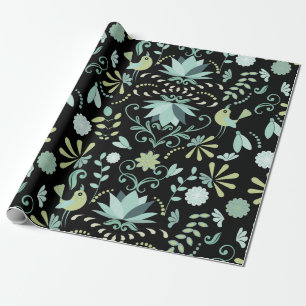 Cute boho birds flowers blue green black pattern wrapping paper