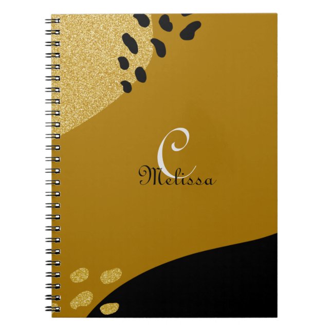 Cute Boho Black and Gold Custom Monogram Name  Notebook (Front)