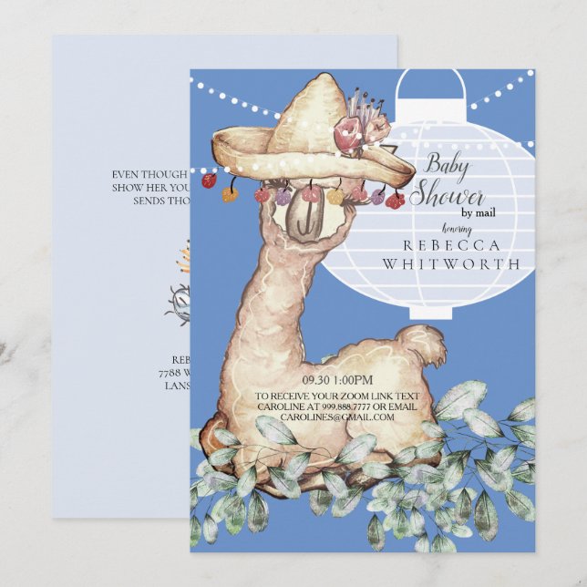 Cute Boho Blue Lampion Baby Shower by Mail Invitation (Front/Back)