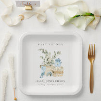 Cute Boho Blue Nursery Foliage Boy Baby Shower Paper Plates
