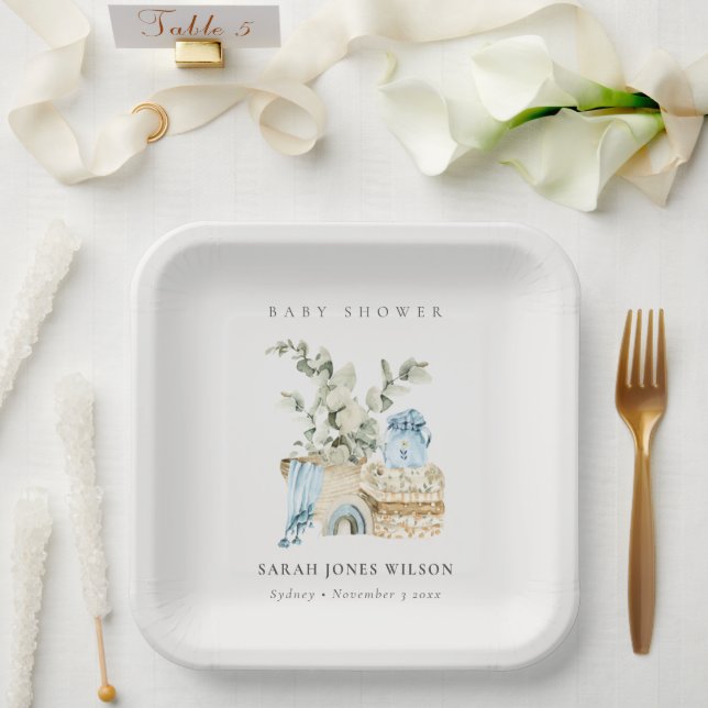 Cute Boho Blue Nursery Foliage Boy Baby Shower Paper Plates (Wedding)