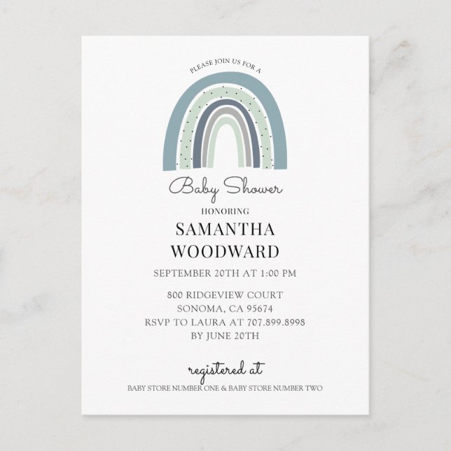 Cute Boho Blue Rainbow Baby Boy Shower Invitation Postcard (Front)