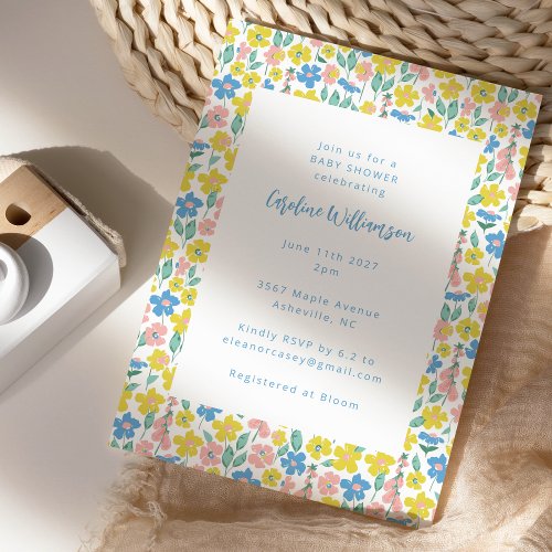 Cute Boho Blue Yellow Ditsy Floral Baby Shower Invitation