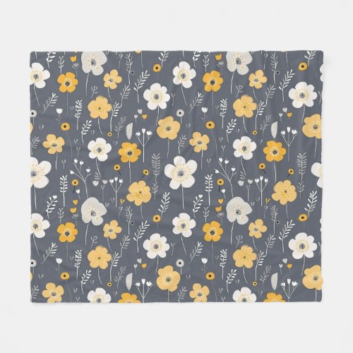 Cute Boho Botanical Yellow Flowers on Gray Fleece Blanket