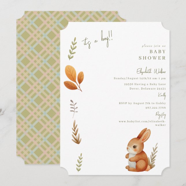 Cute Boho Bunny It's a Boy Ticket Baby Shower Invitation (Front/Back)