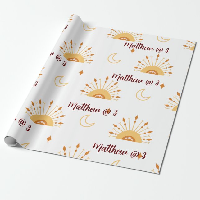 Cute Boho Celestial Kids Birthday Seamless Pattern Wrapping Paper (Unrolled)