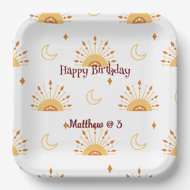 Cute Boho Celestial Seamless Pattern Kids Birthday Paper Plates (Front)