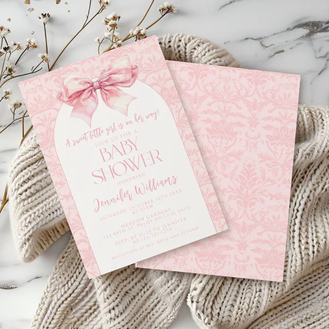 Cute boho chic blush pink bow baby girl shower invitation | Zazzle