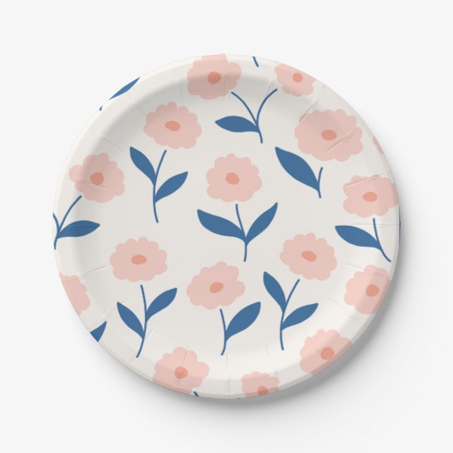 Cute Boho Chic Pink Flowers Pattern  Paper Plates (Front)