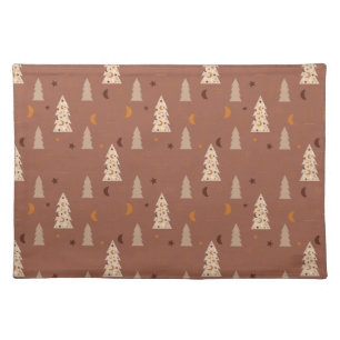 Cute Boho Christmas Tree Stars Moon, Brown Cloth Placemat