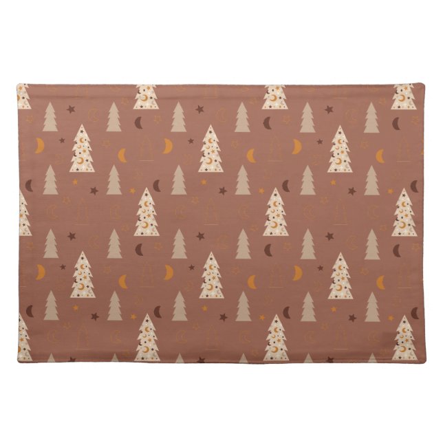 Cute Boho Christmas Tree Stars Moon, Brown Cloth Placemat (Front)