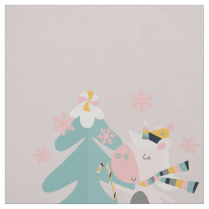 Cute Boho Christmas Unicorn on Blush Pink Fabric