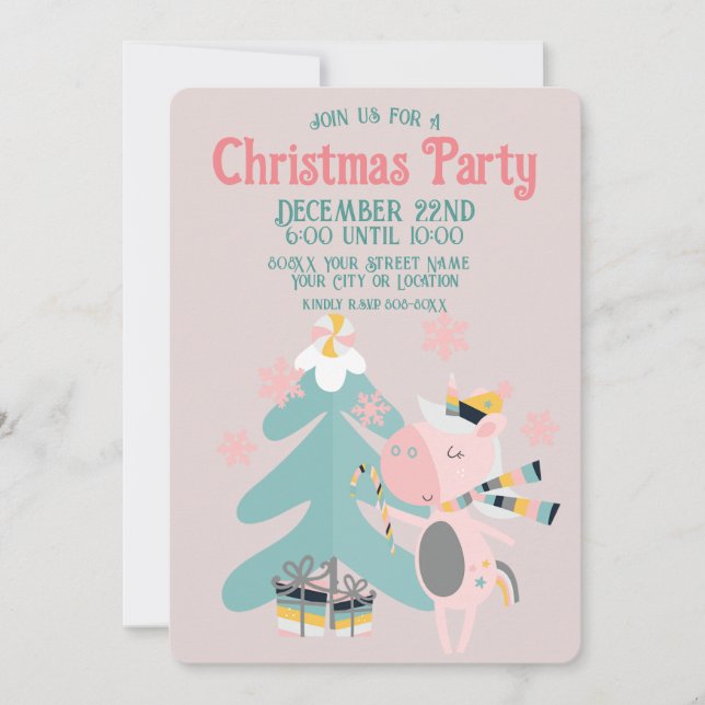 Cute Boho Christmas Unicorn on Blush Pink Invitation (Front)