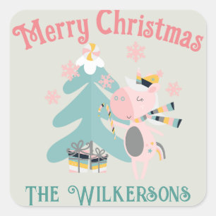 Cute Boho Christmas Unicorn on Sage Square Sticker
