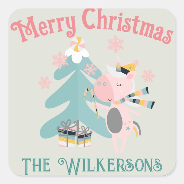 Cute Boho Christmas Unicorn on Sage Square Sticker (Front)