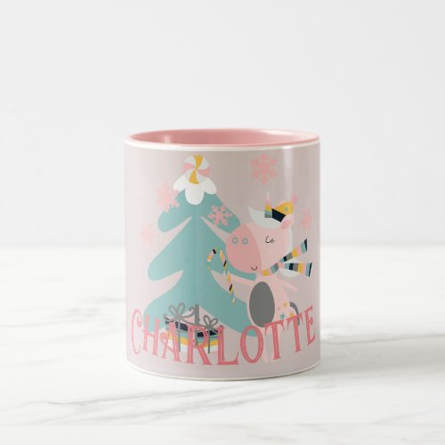 Cute Boho Christmas Unicorn with Name on Pink Two_Tone Coffee Mug