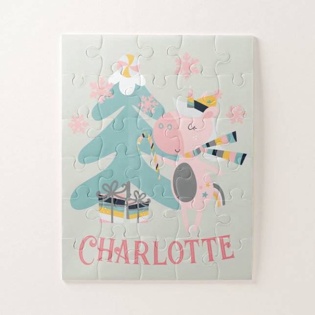 Cute Boho Christmas Unicorn with Name on Sage Jigsaw Puzzle (Vertical)